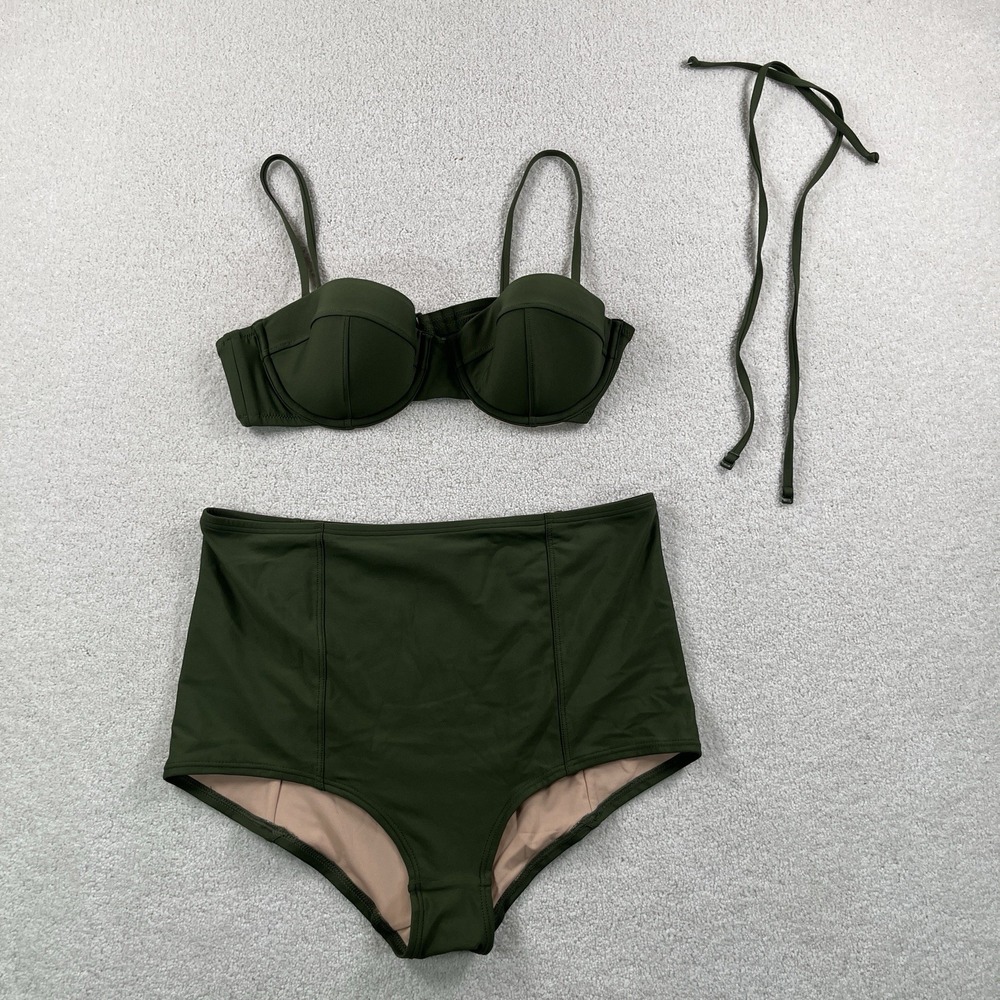 J Crew Bikini Set High Rise Bottoms M Underwire Top 34C Olive Green NWOT - Picture 1 of 12